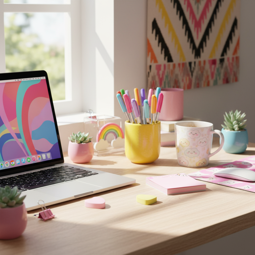 Colorful desk with laptop and stationery