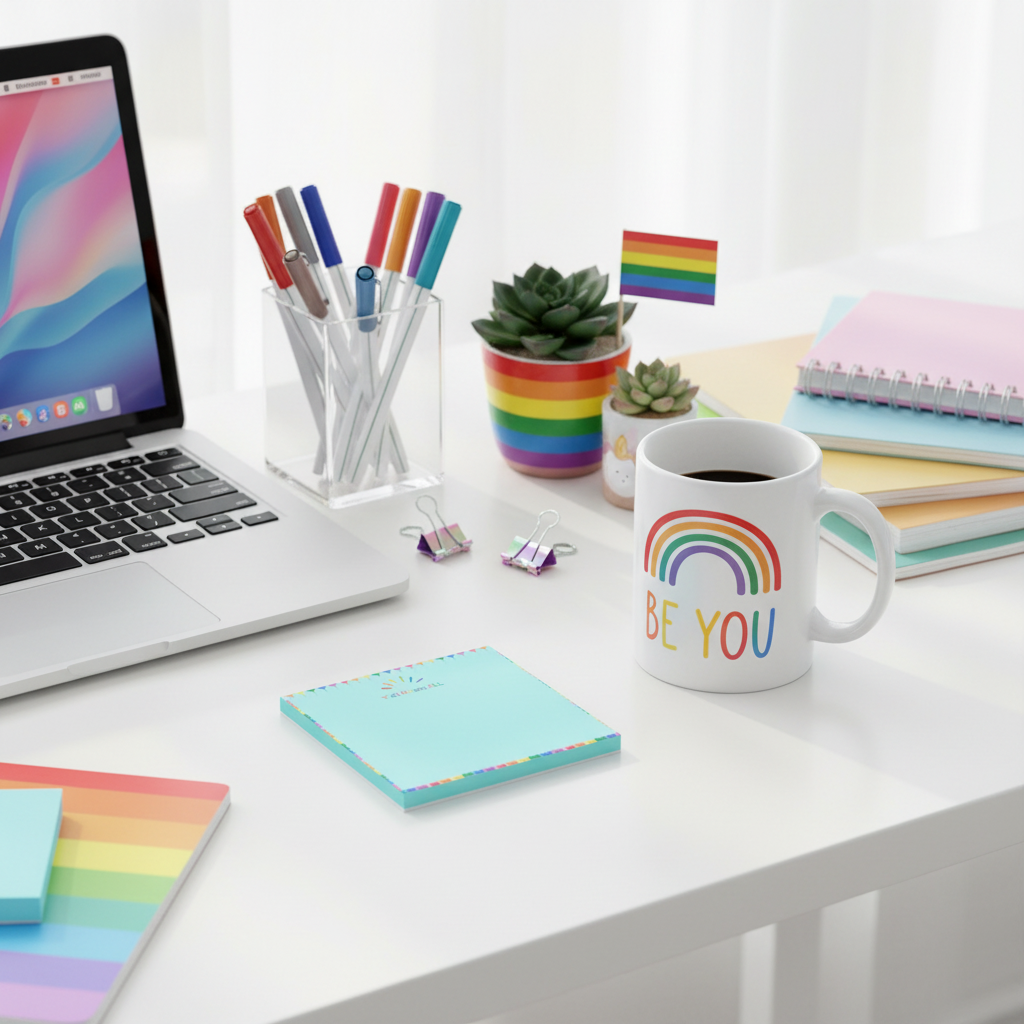 Colorful desk with rainbow accessories