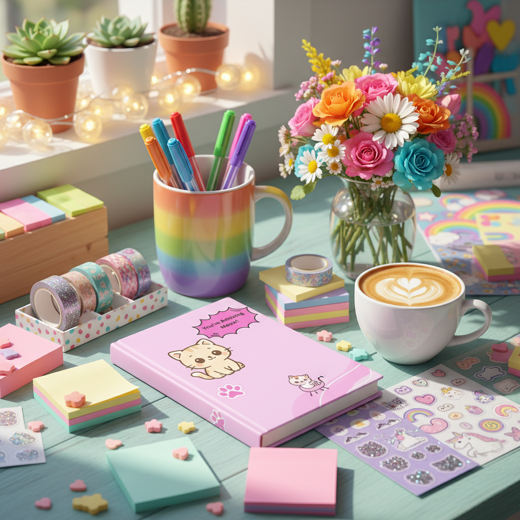Colorful desk with stationery and latte