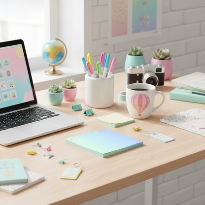 Colorful desk with travel accessories