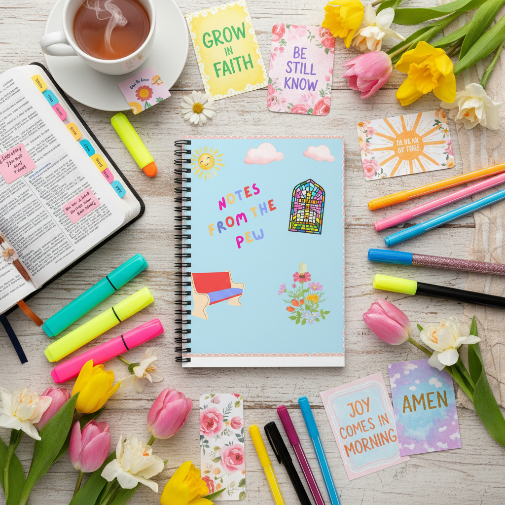 Colorful flat lay with Bible and flowers