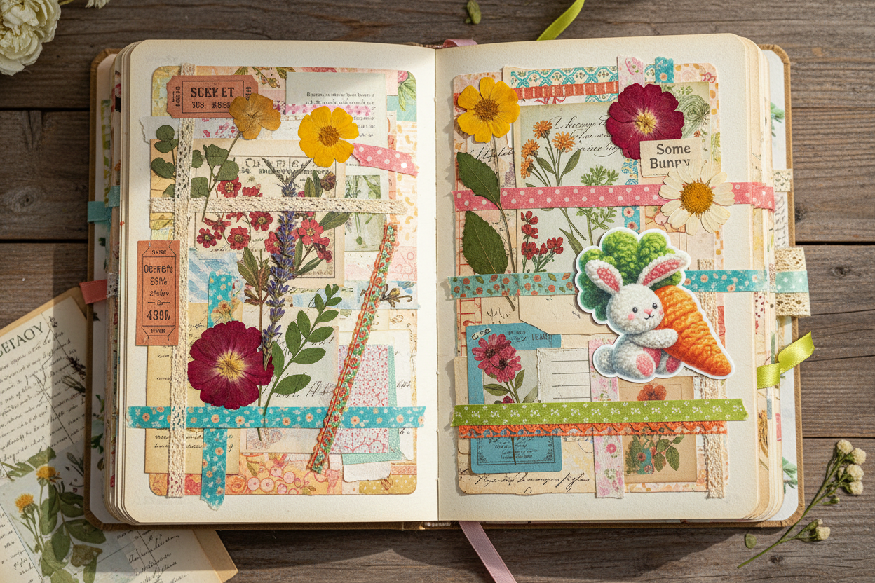 Colorful junk journal with bunny sticker