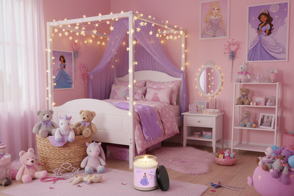 Cozy bedroom with candle glowing
