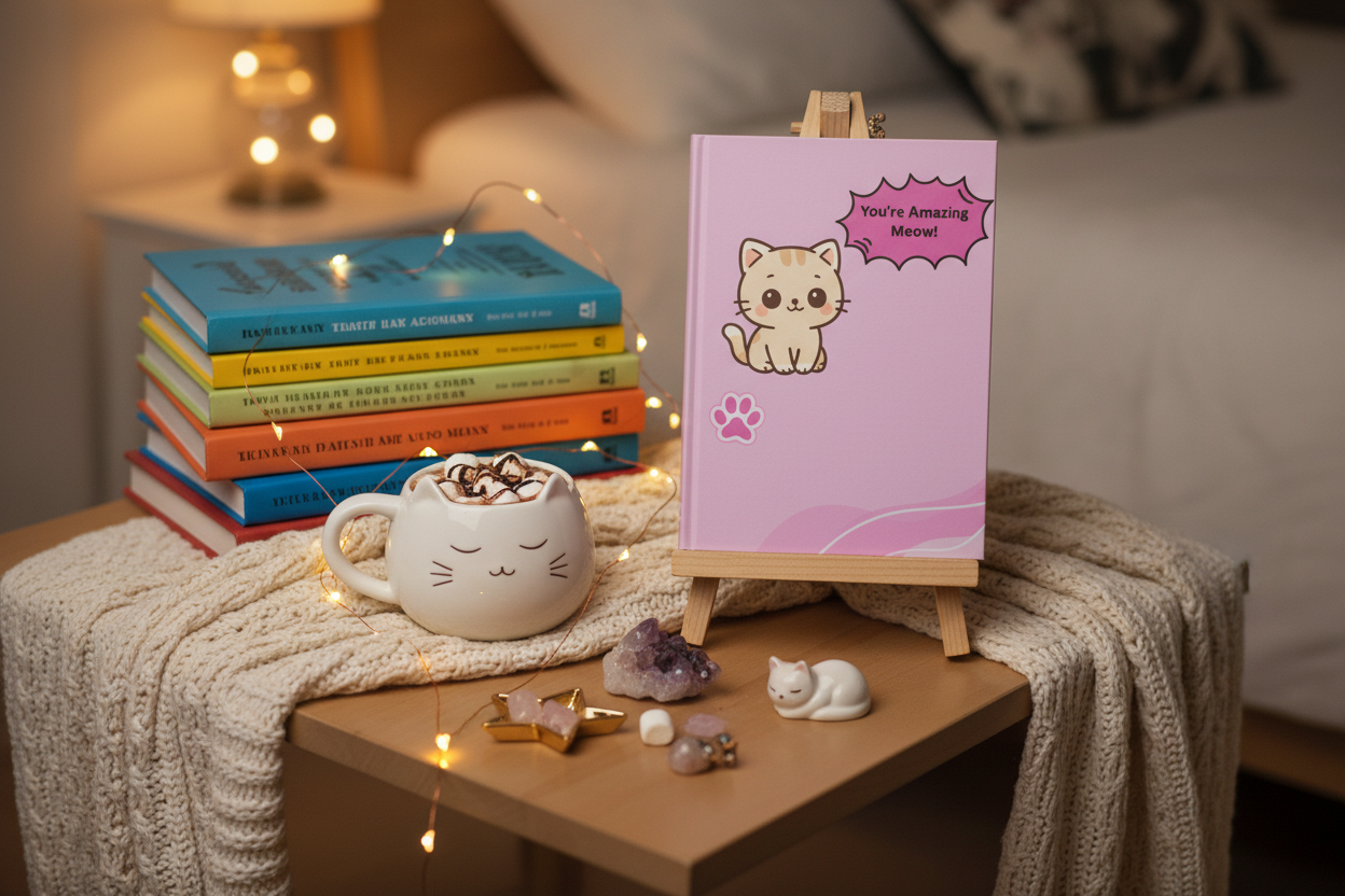 Cozy bedside with fairy lights and hot chocolate