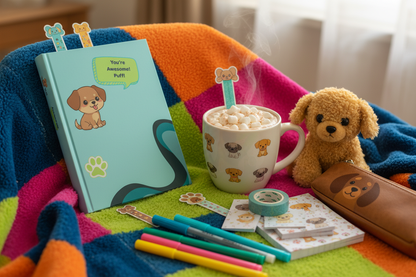 Cozy scene with hot chocolate and puppy toy