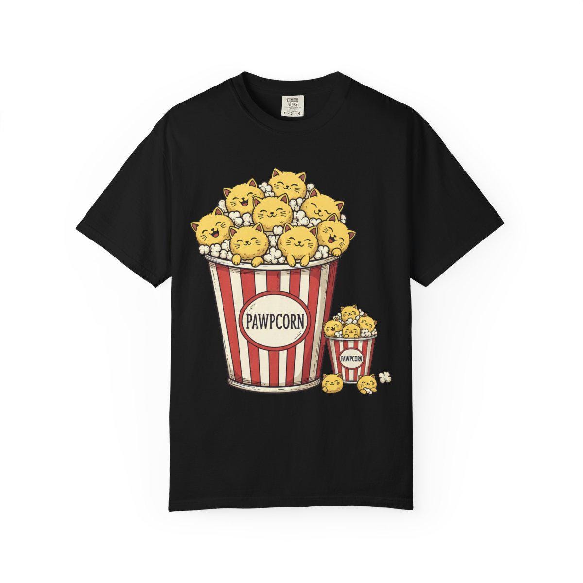 Black t-shirt with a 'Pawpcorn' design featuring cartoon cats in a popcorn bucket on a white background.