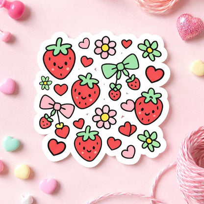 Set of cute strawberry, heart, and flower stickers on a pink background with decorative elements.