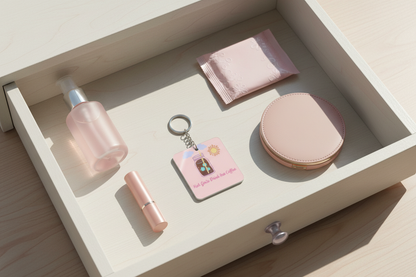 Drawer full of purse accessories with keychain