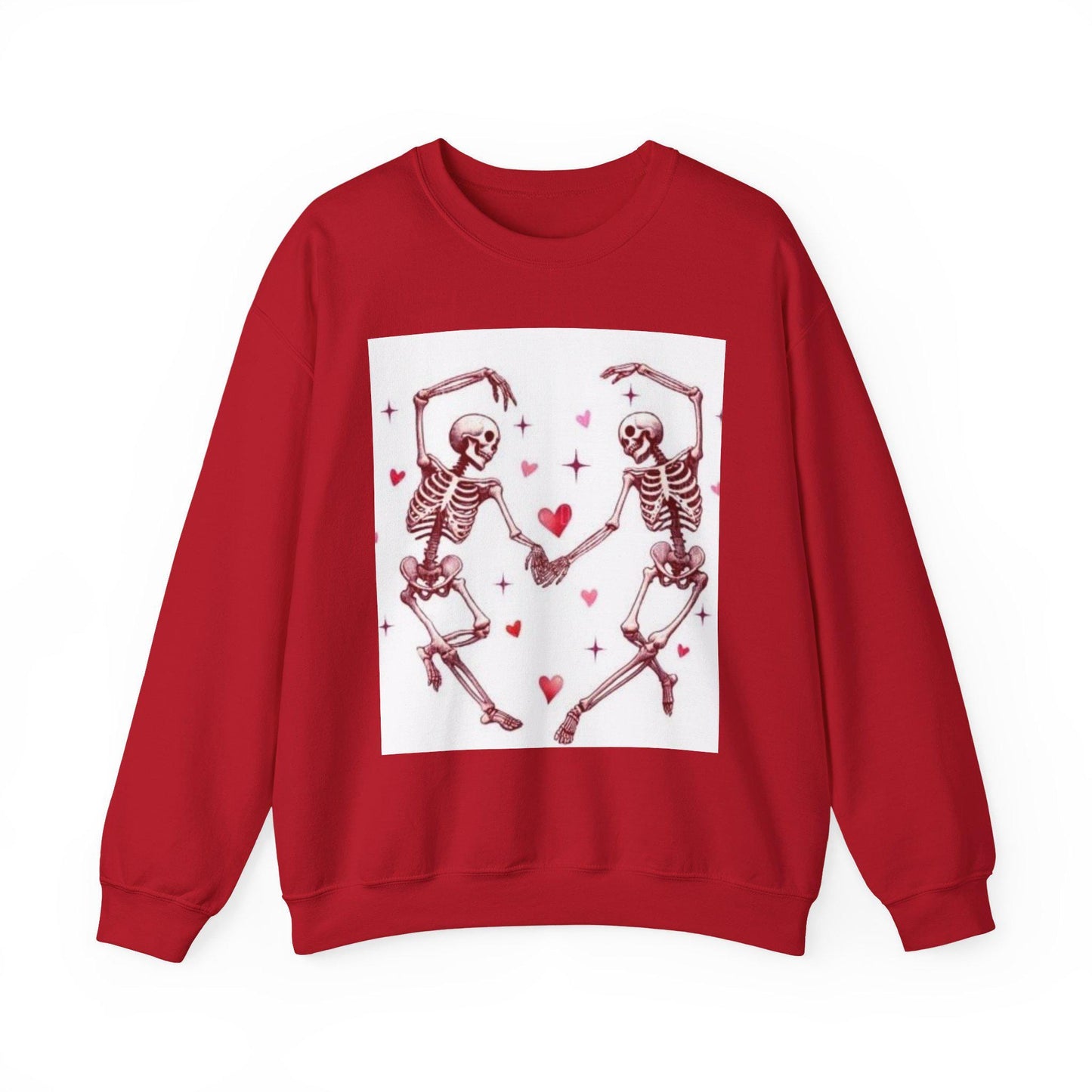 Red sweatshirt with skeleton design and hearts on a white background