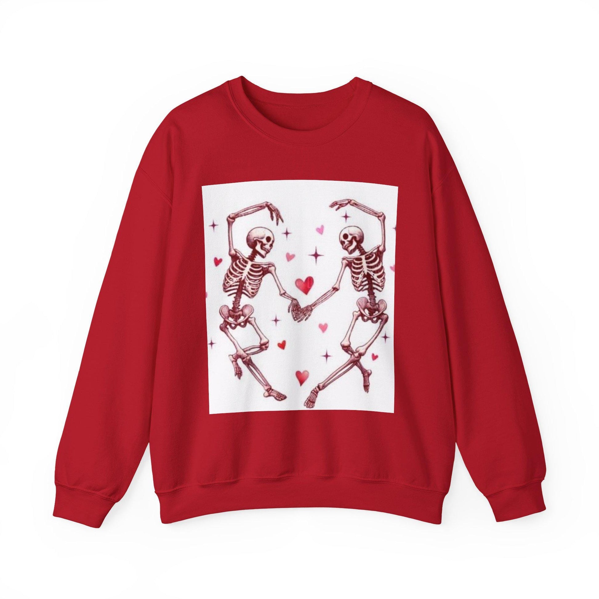 Red sweatshirt with skeleton design and hearts on a white background