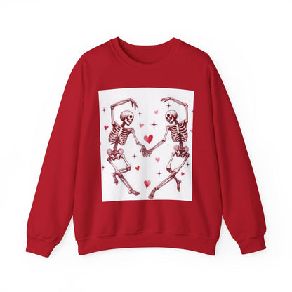 Red sweatshirt with skeleton design and hearts on a white background