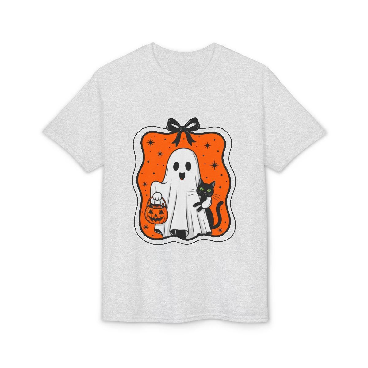 Gray t-shirt with Halloween-themed graphic featuring a ghost, cat, and pumpkin on a white background.