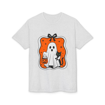 Gray t-shirt with Halloween-themed graphic featuring a ghost, cat, and pumpkin on a white background.