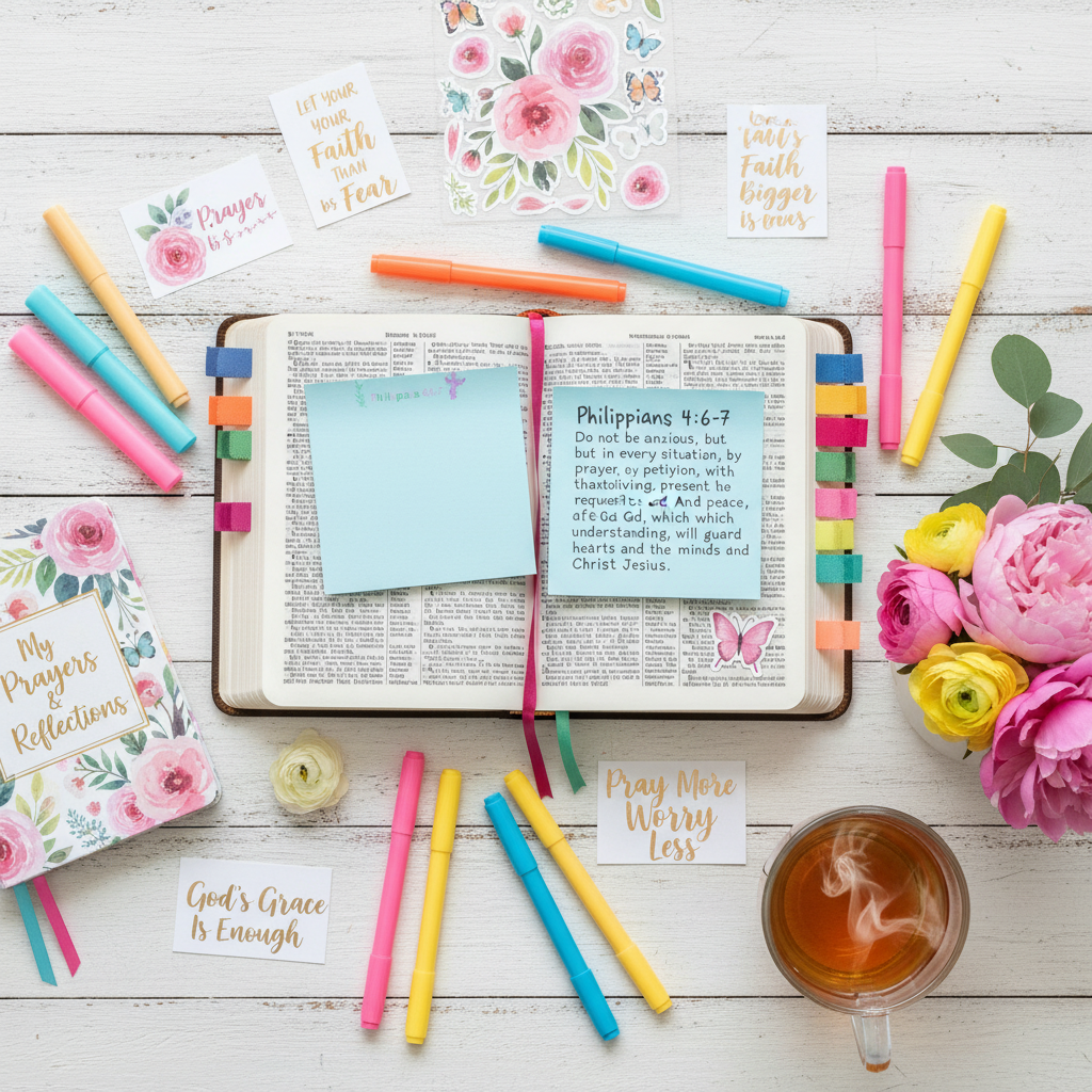 Faith-filled flat lay with Bible and stationery