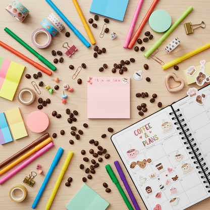 Flat lay with coffee beans and stickers