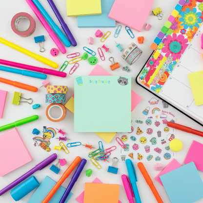 Flat lay with funny stickers and supplies