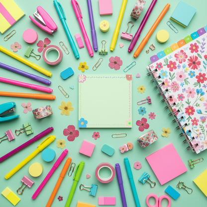 Flat lay with pressed flowers and supplies