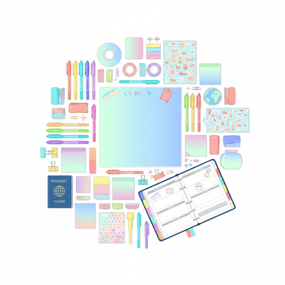 Flat lay with travel stickers and planner