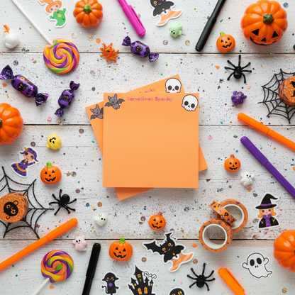 Halloween flat lay with candy and decorations