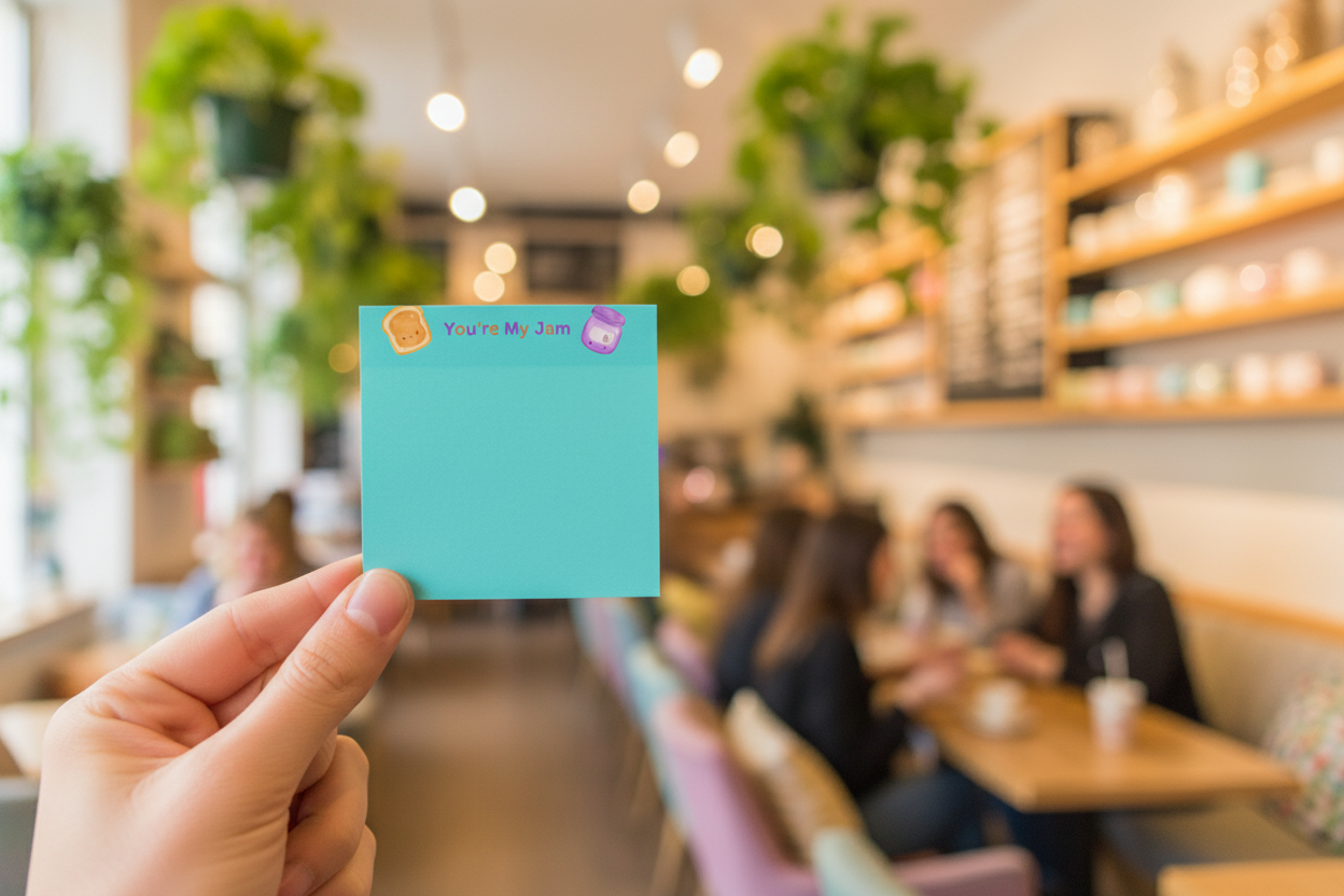 Hand holding sticky note with cafe backdrop
