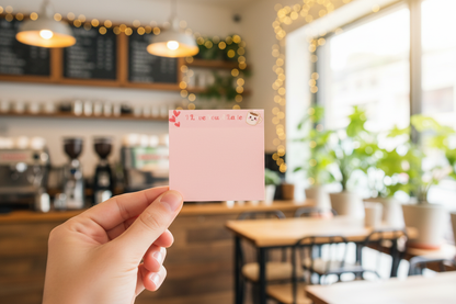 Hand holding sticky note with coffee shop backdrop
