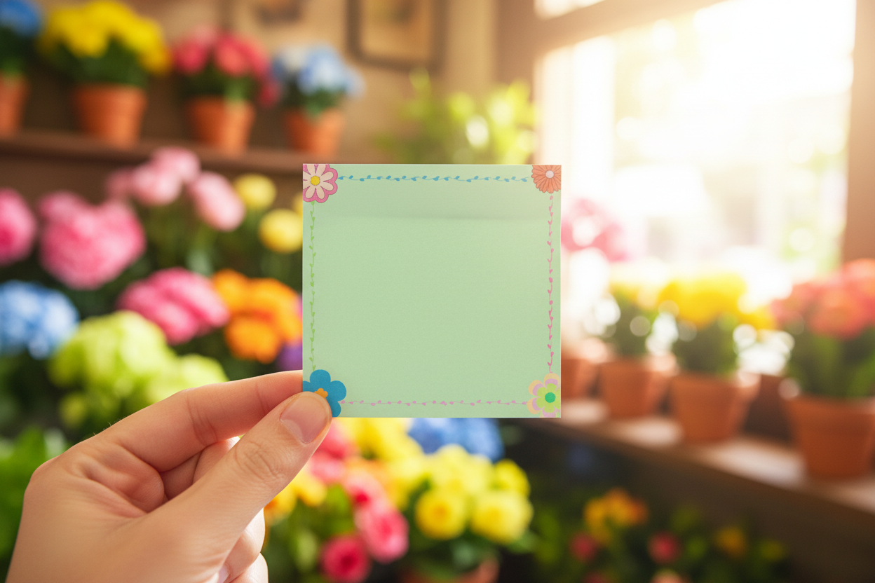 Hand holding sticky note with garden backdrop