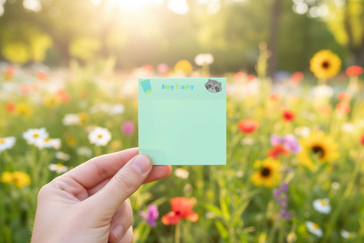 Hand holding sticky note with nature backdrop