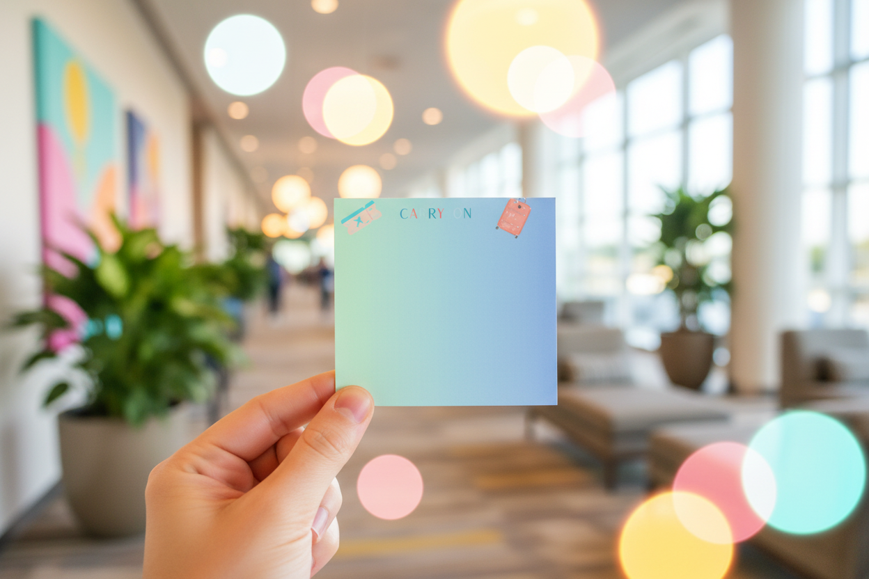Hand holding sticky note with travel backdrop