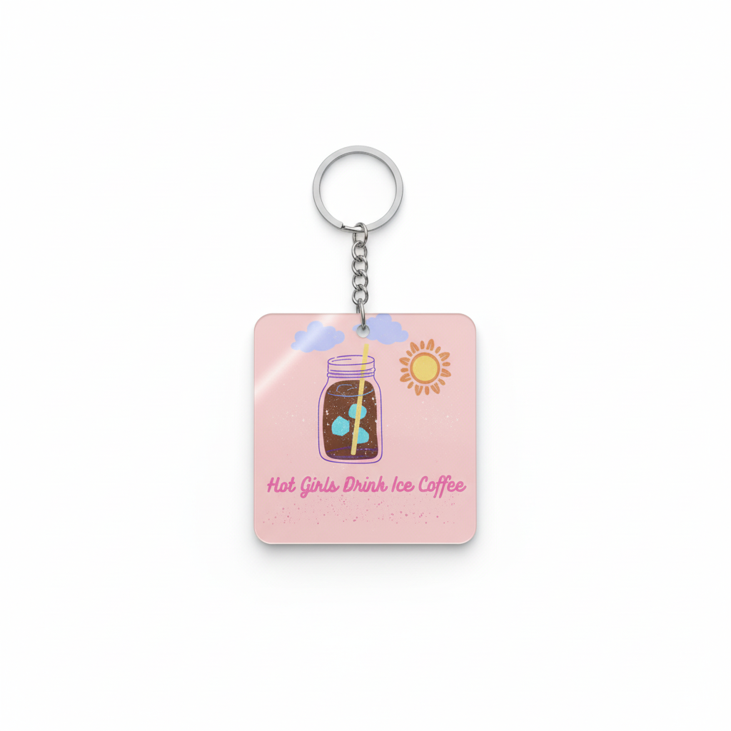 Hot Girls Drink Iced Coffee Keychain - Square Format