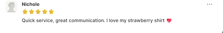 Five-star review with text and a heart emoji on a white background