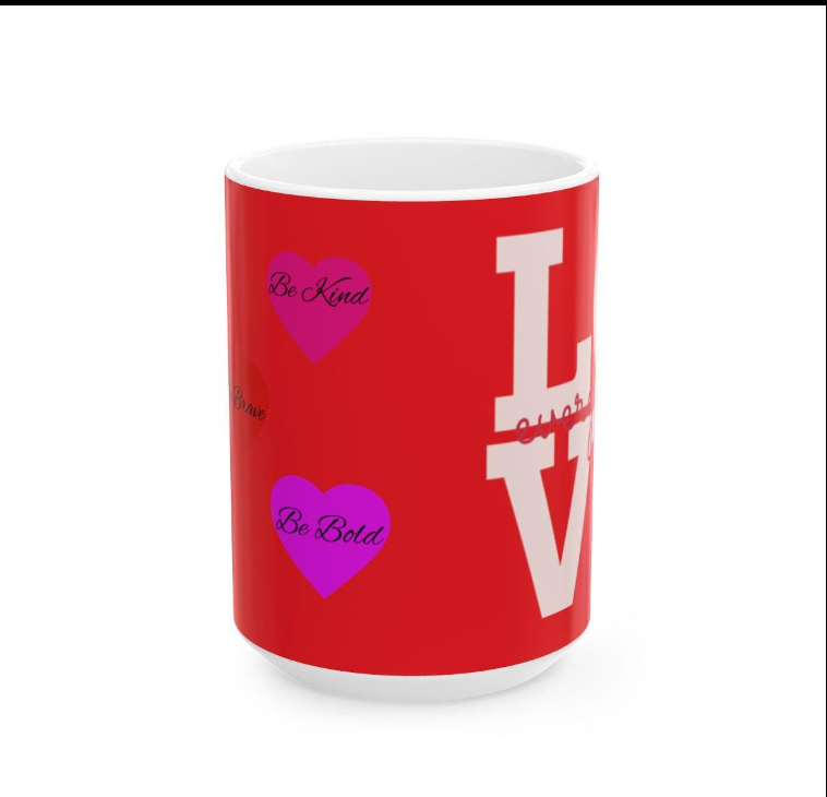 Red mug with white text and purple hearts on a white background