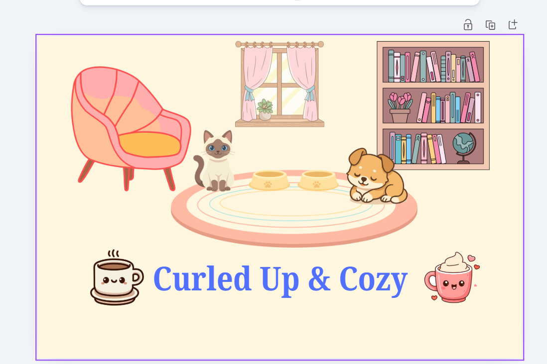 Cartoon scene with a cat and dog on a rug, surrounded by books and a coffee cup, with 'Curled Up & Cozy' text.