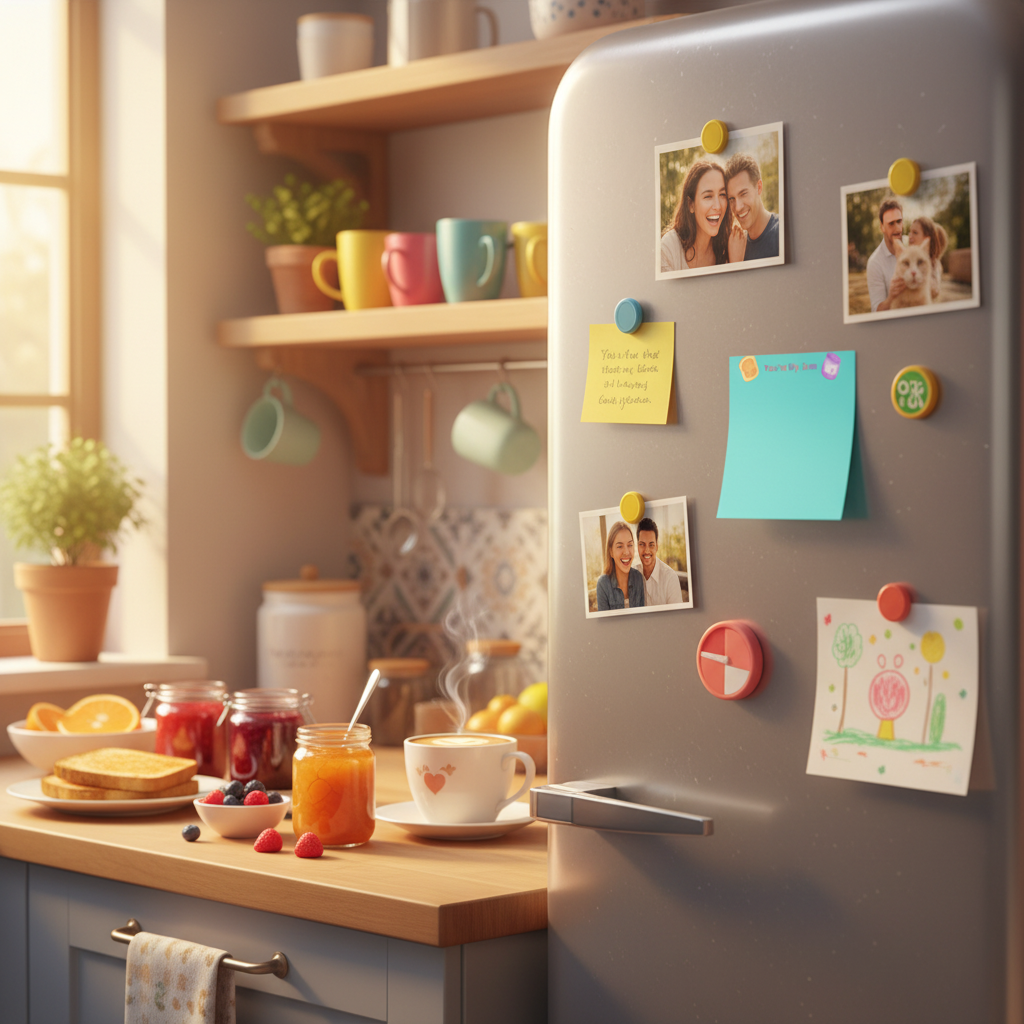 Kitchen fridge scene with breakfast