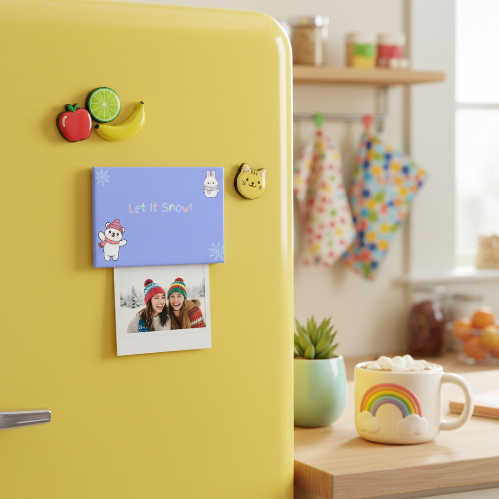 Let It Snow magnet on colorful fridge