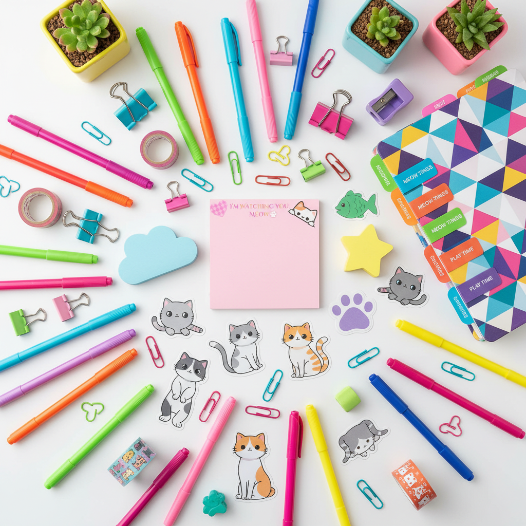 Maximalist flat lay with cat stickers and supplies
