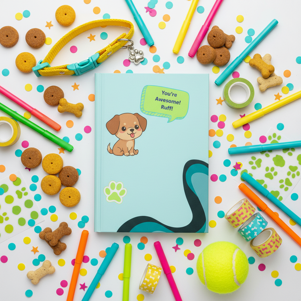 Maximalist flat lay with dog treats and toys