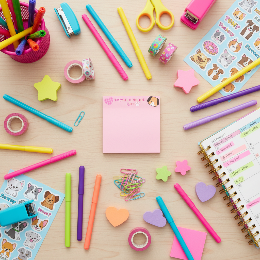 Maximalist flat lay with office supplies