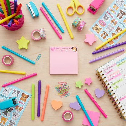 Maximalist flat lay with office supplies