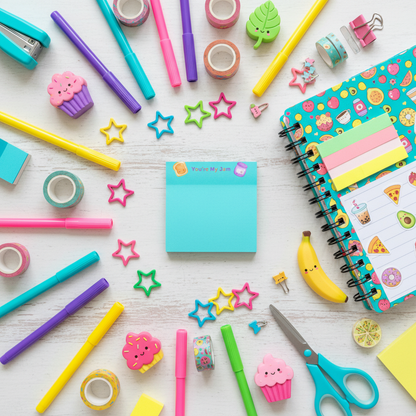 Maximalist flat lay with office supplies
