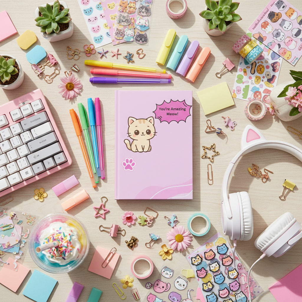 Maximalist flat lay with rainbow stationery