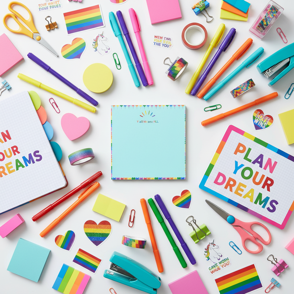 Maximalist flat lay with rainbow stationery