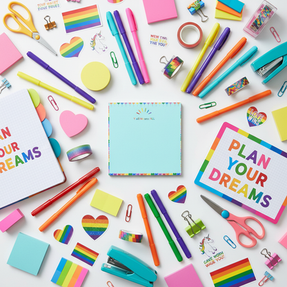 Maximalist flat lay with rainbow stationery