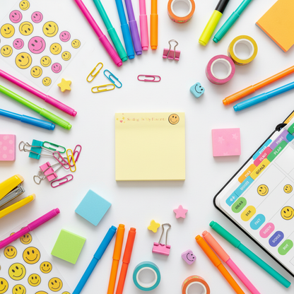 Maximalist flat lay with smiley stickers
