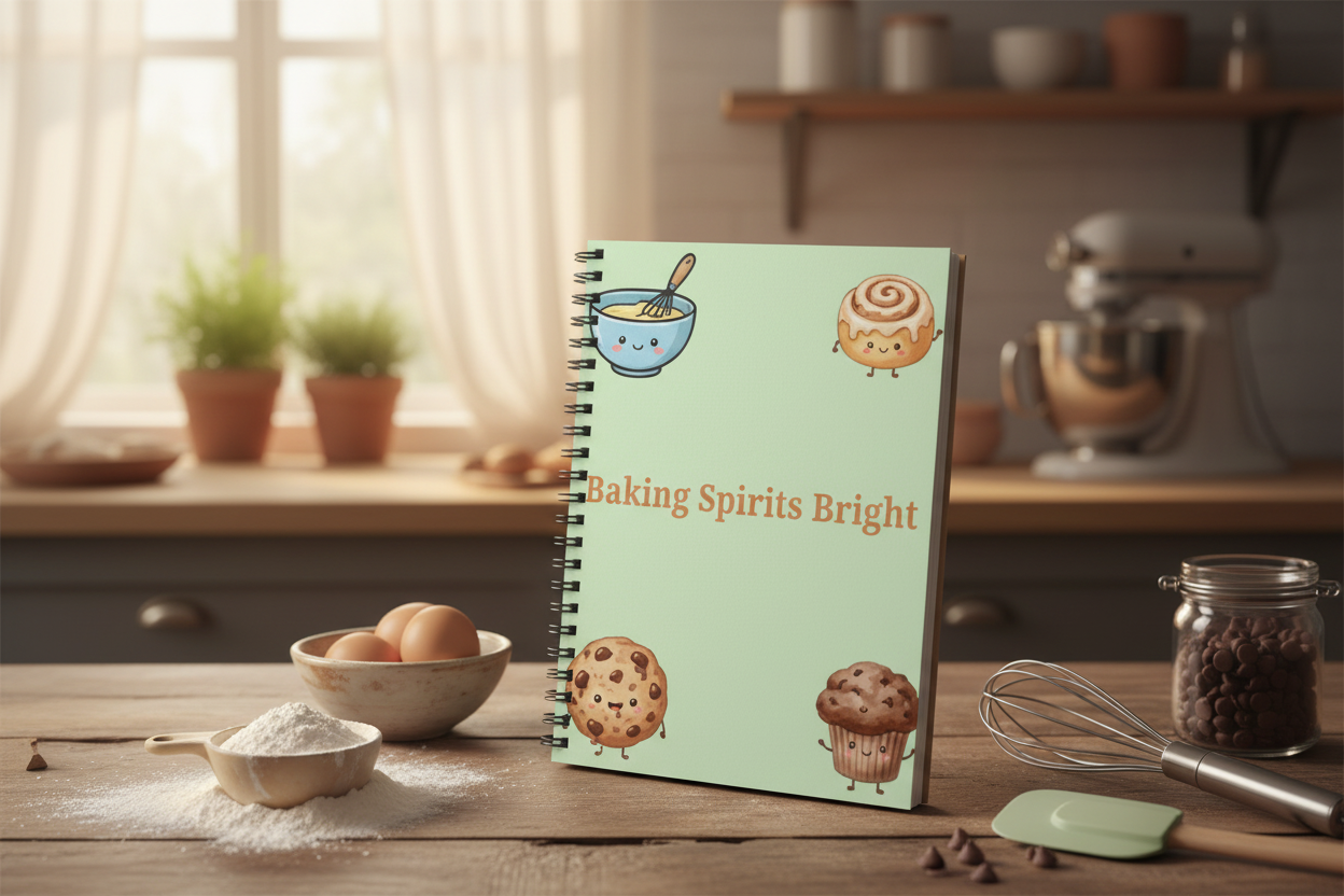 Notebook propped up with baking ingredients
