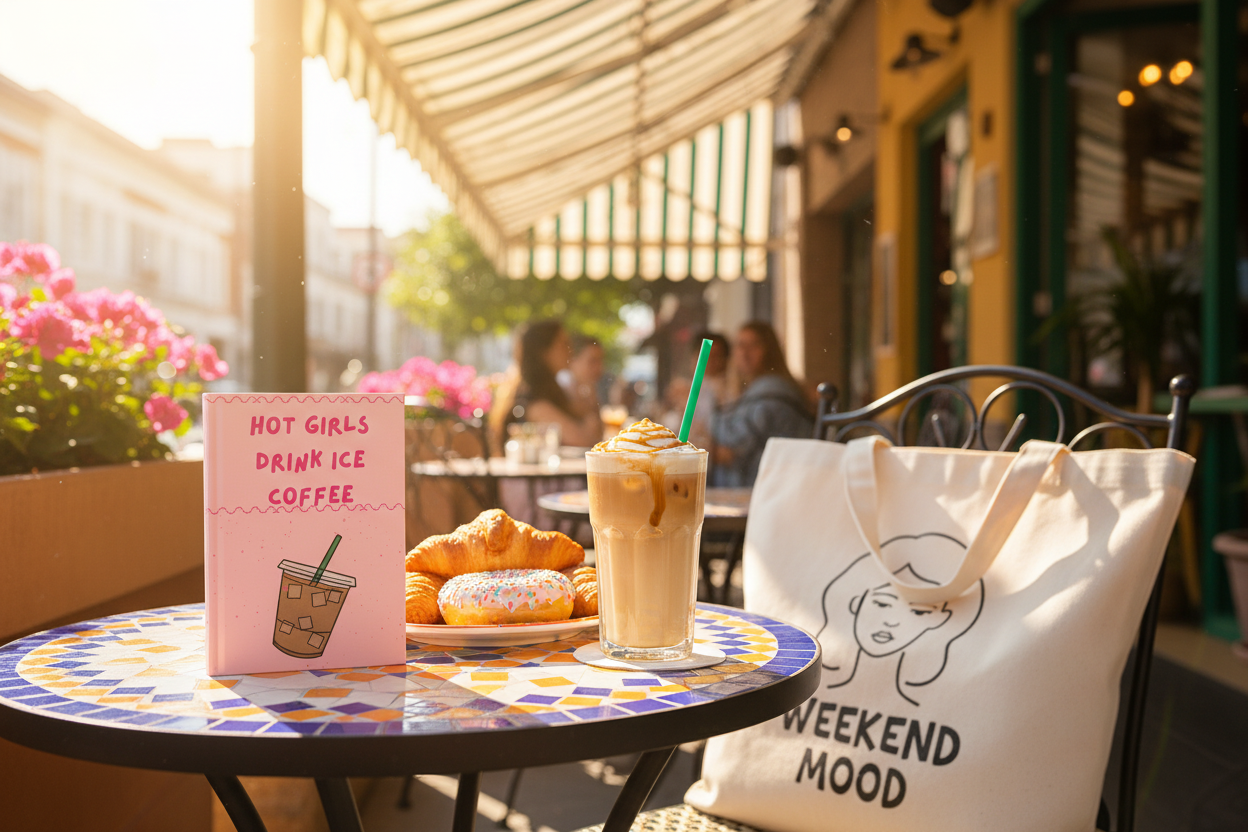 Outdoor cafe scene with iced latte