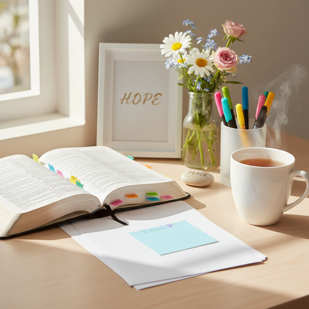 Peaceful desk with Bible and flowers