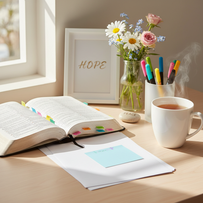 Peaceful desk with Bible and flowers