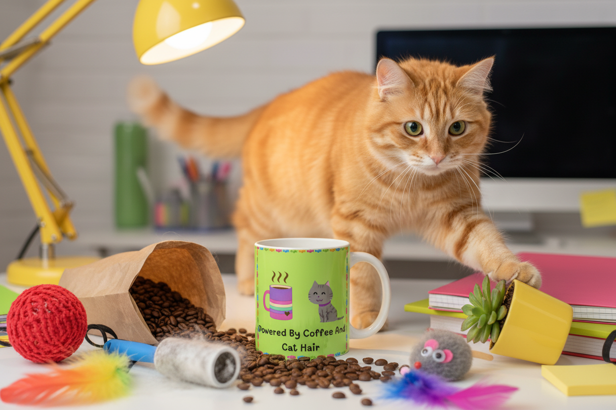 Powered By Coffee And Cat Hair desk lifestyle