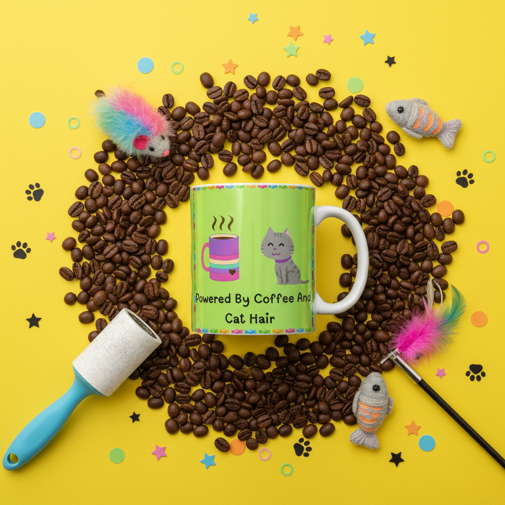 Powered By Coffee And Cat Hair flat lay