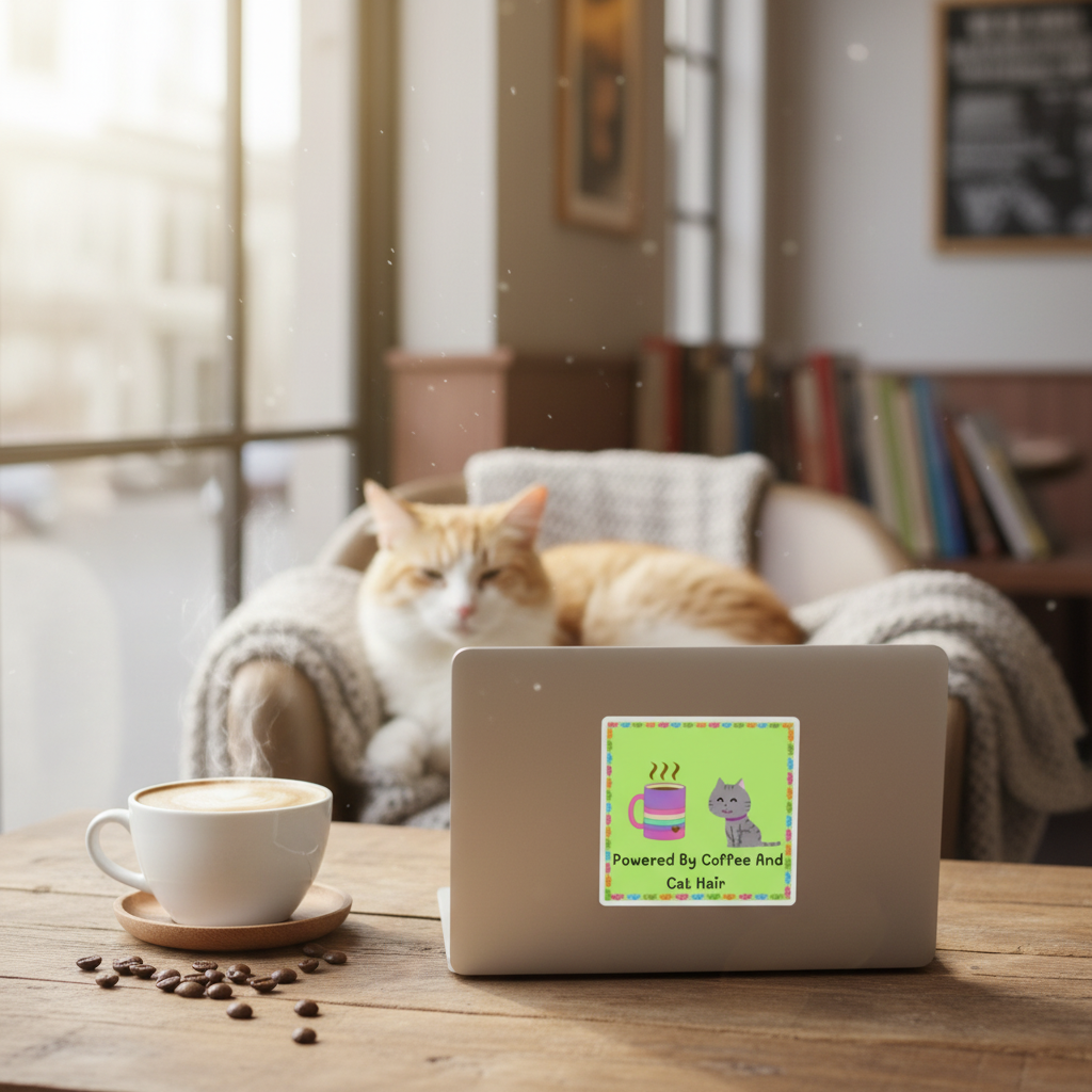 Powered by Coffee and Cat Hair Sticker on Laptop